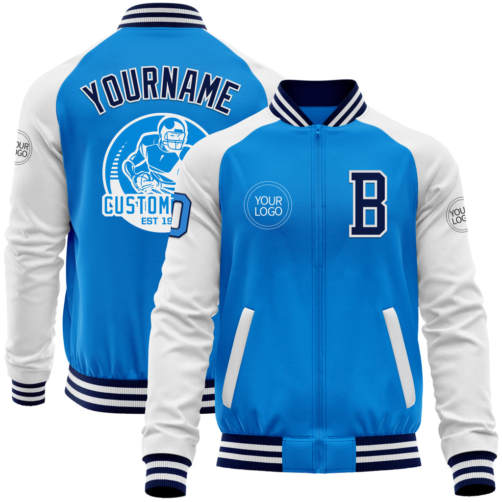 Custom Powder Blue Navy-White Bomber Varsity Letterman Two Tone Zipper Jacket