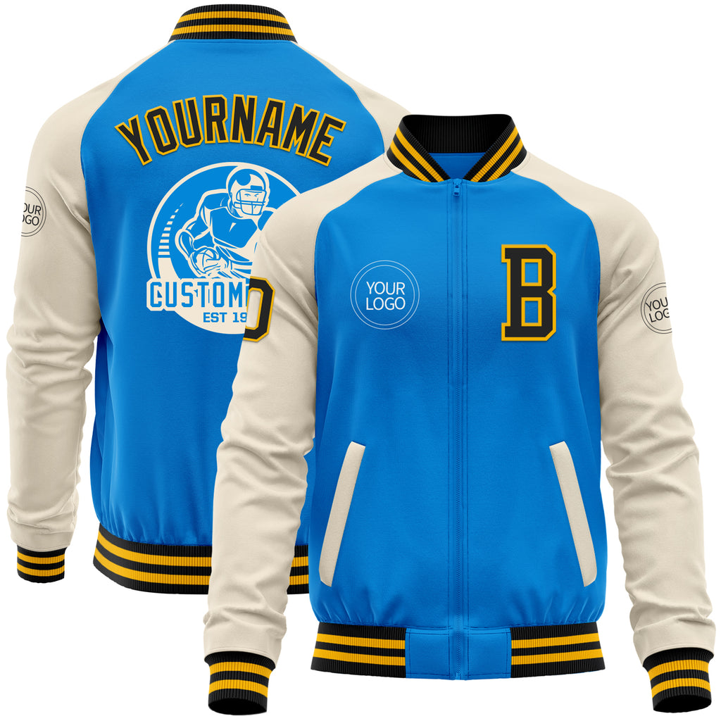 Custom Powder Blue Black Gold-Cream Bomber Varsity Letterman Two Tone Zipper Jacket