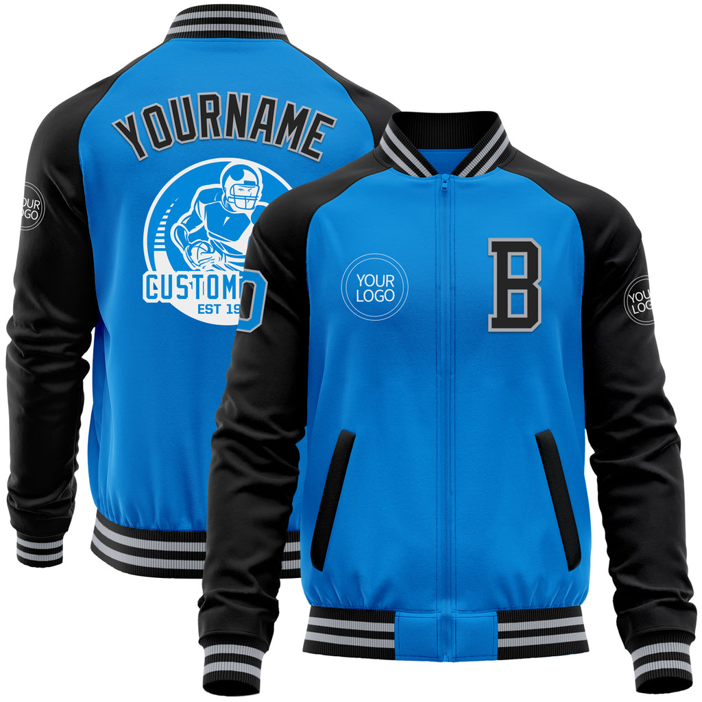 Custom Powder Blue Gray-Black Bomber Varsity Letterman Two Tone Zipper Jacket