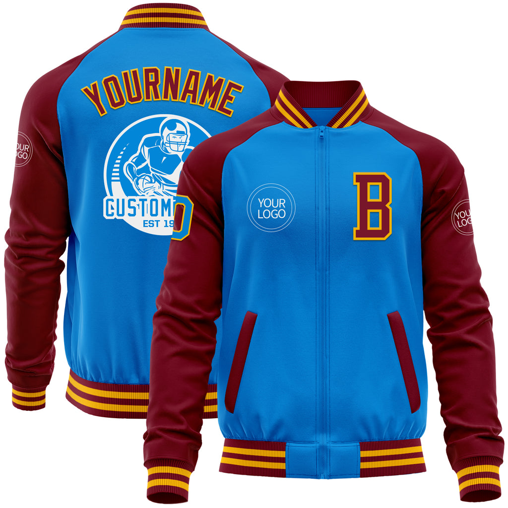 Custom Powder Blue Gold-Crimson Bomber Varsity Letterman Two Tone Zipper Jacket