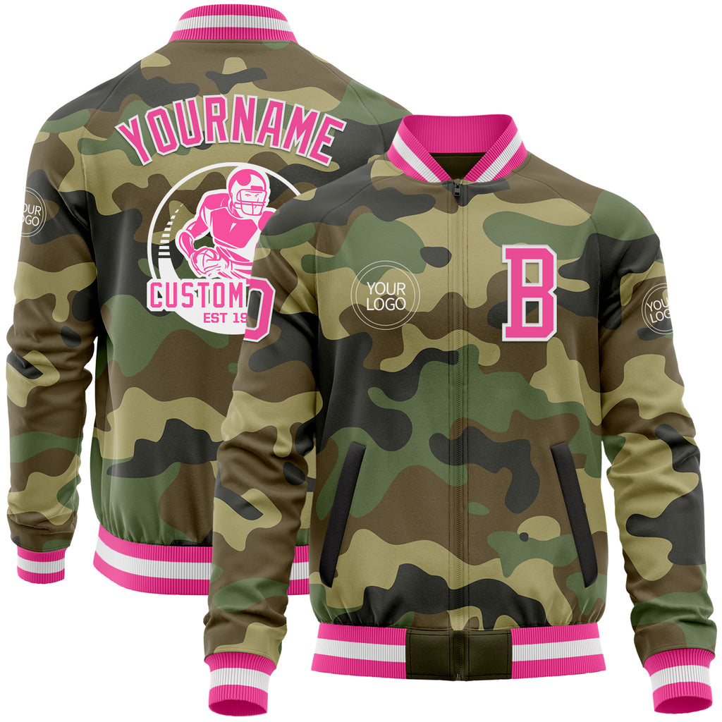 Custom Camo Pink-White Bomber Varsity Letterman Salute To Service Zipper Jacket