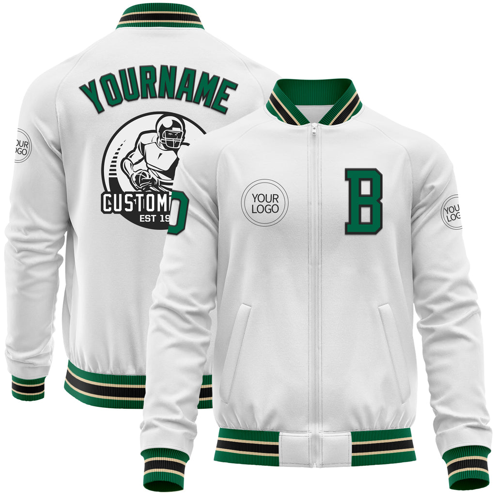 Custom White Kelly Green Black-Cream Bomber Varsity Letterman Zipper Jacket