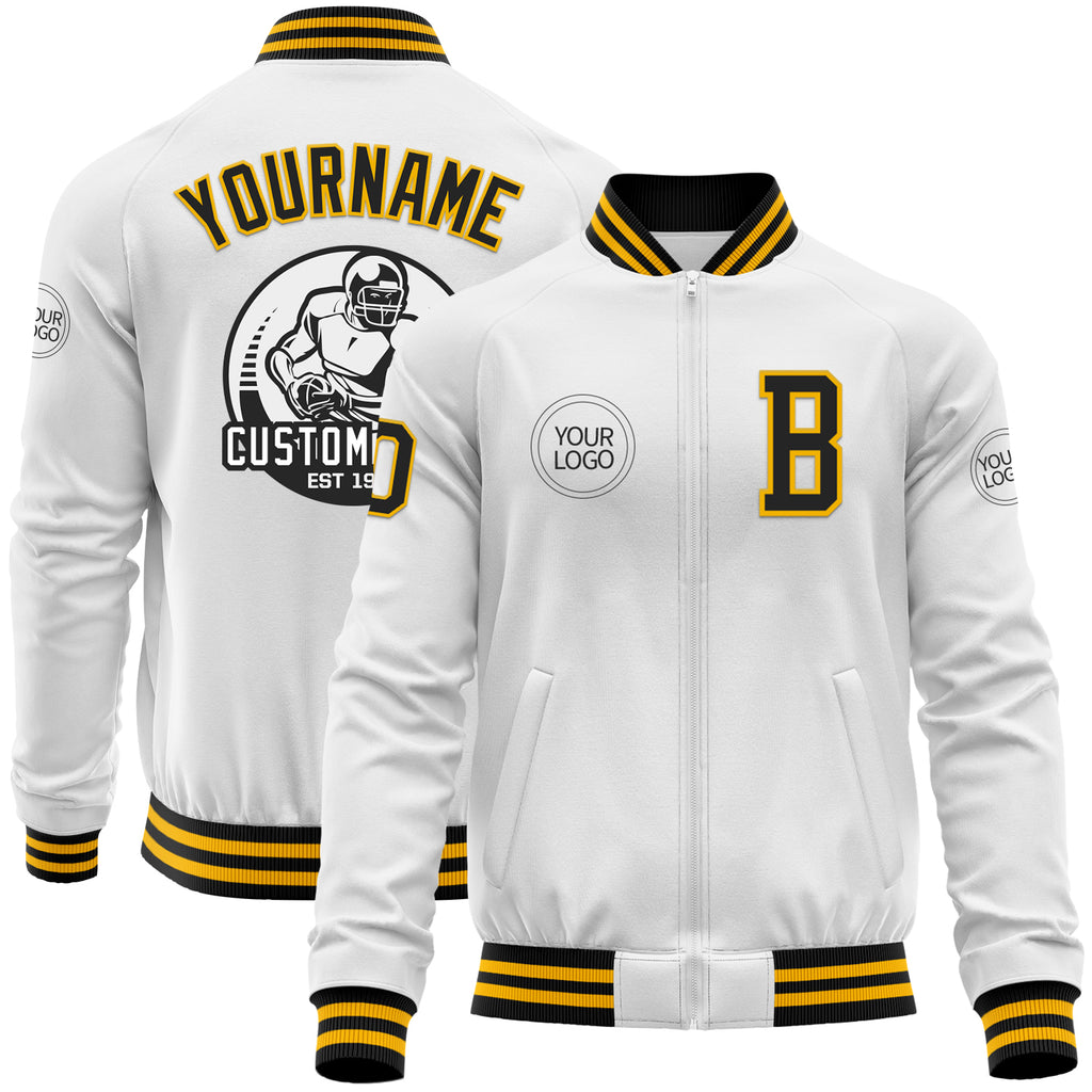 Custom White Black-Gold Bomber Varsity Letterman Zipper Jacket