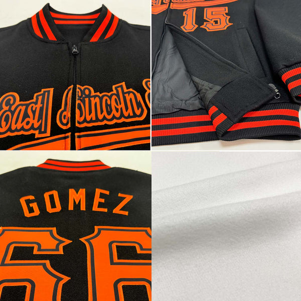 Custom White Orange-Black Bomber Varsity Letterman Zipper Jacket