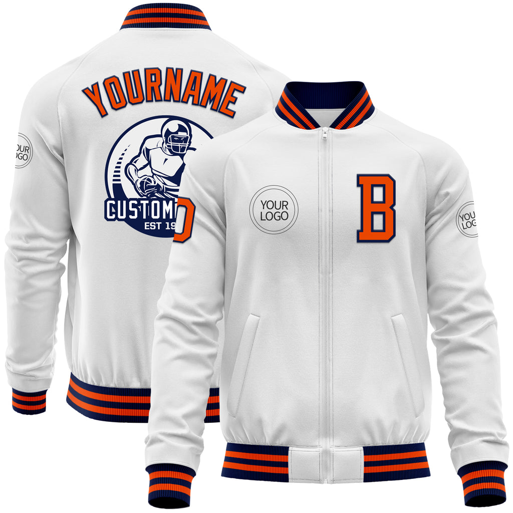 Custom White Orange-Navy Bomber Varsity Letterman Zipper Jacket