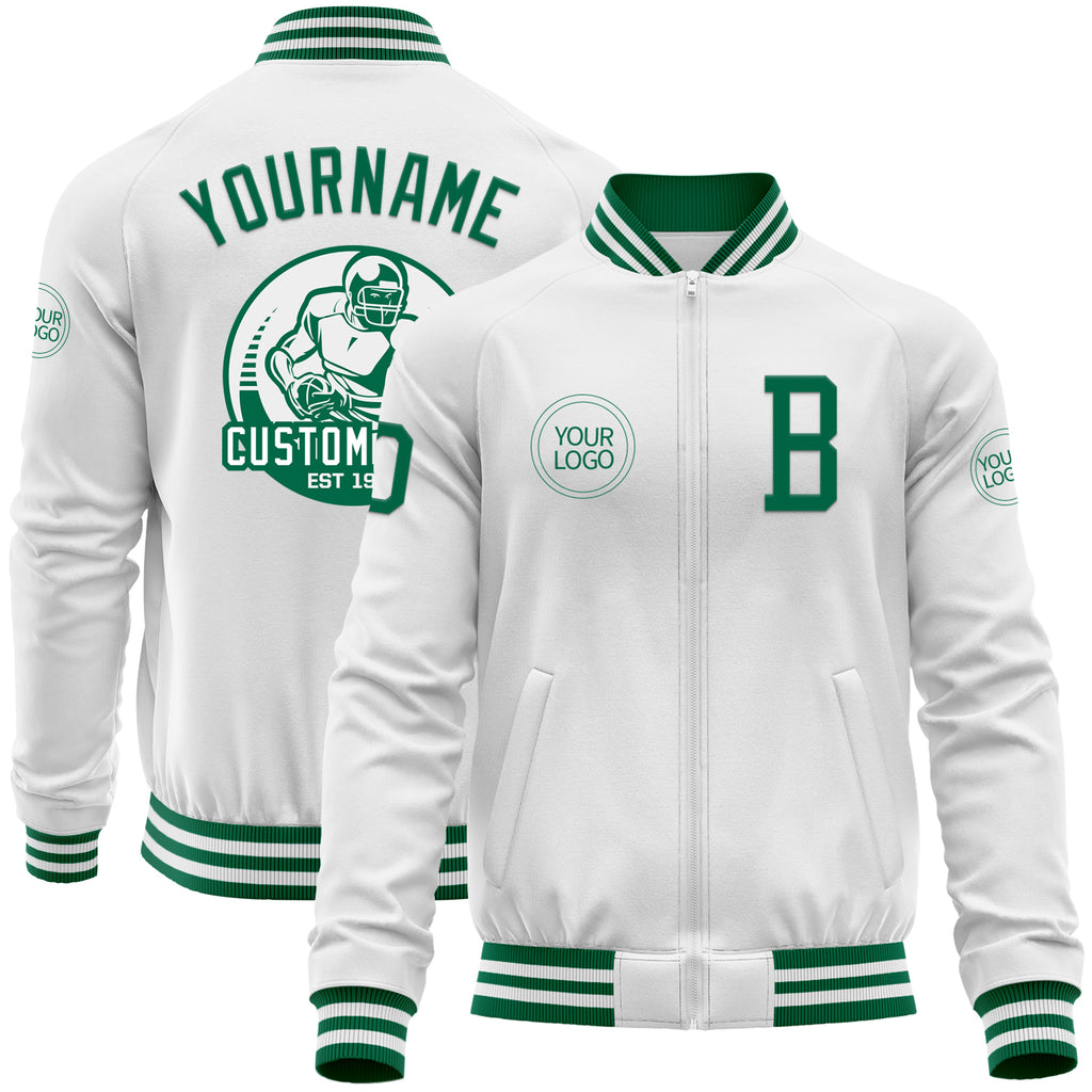 Custom White Kelly Green Bomber Varsity Letterman Zipper Jacket