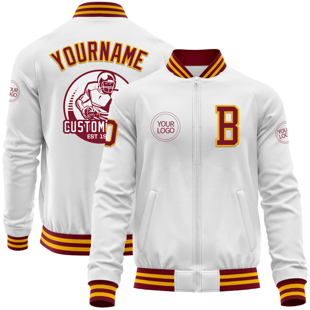 Custom White Crimson-Gold Bomber Varsity Letterman Zipper Jacket