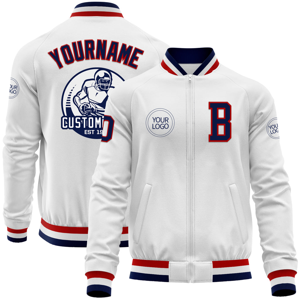 Custom White Navy-Red Bomber Varsity Letterman Zipper Jacket