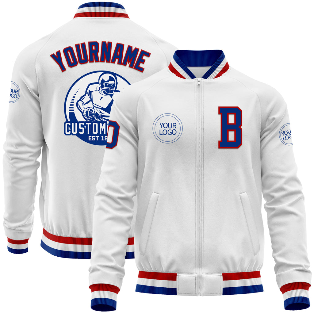 Custom White Royal-Red Bomber Varsity Letterman Zipper Jacket