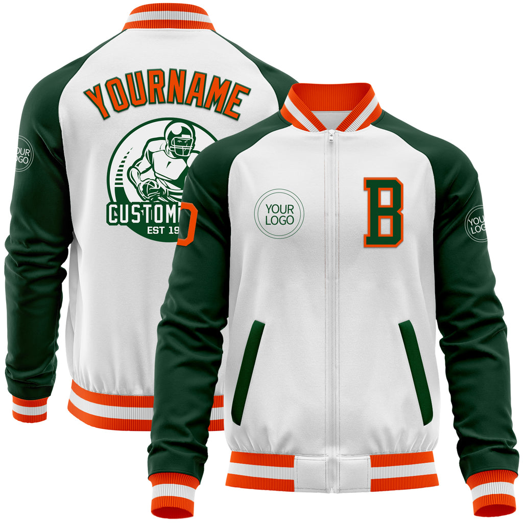 Custom White Orange-Green Bomber Varsity Letterman Two Tone Zipper Jacket