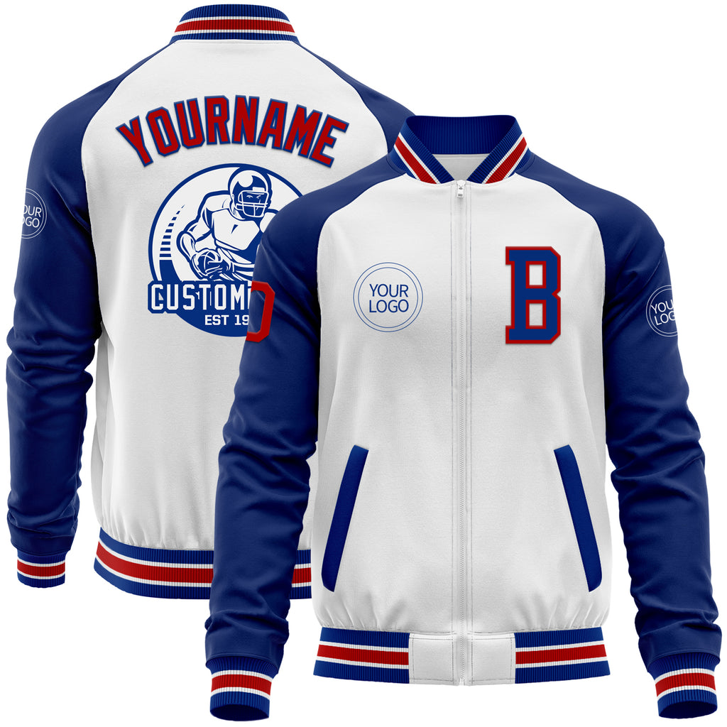 Custom White Red-Royal Bomber Varsity Letterman Two Tone Zipper Jacket