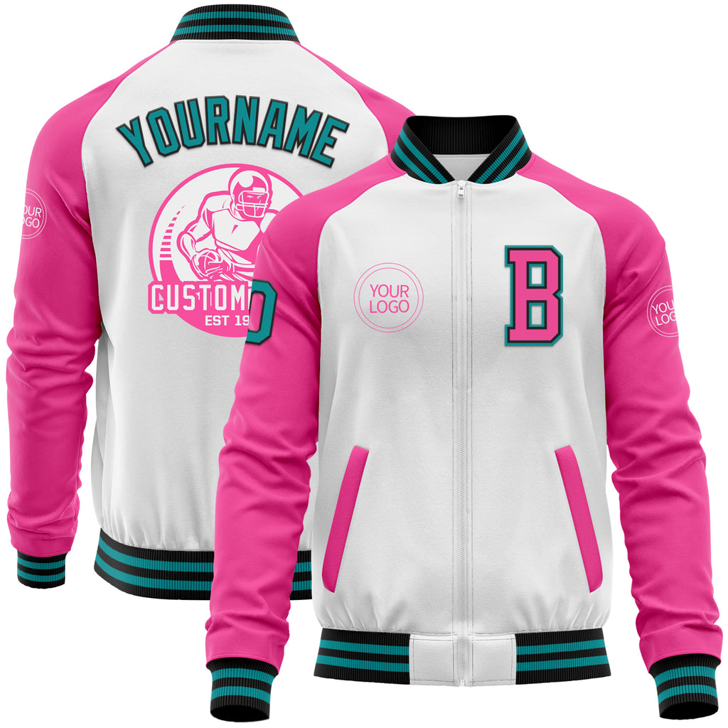 Custom White Teal Black-Pink Bomber Varsity Letterman Two Tone Zipper Jacket