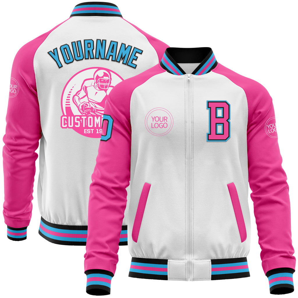 Custom White Sky Blue Black-Pink Bomber Varsity Letterman Two Tone Zipper Jacket