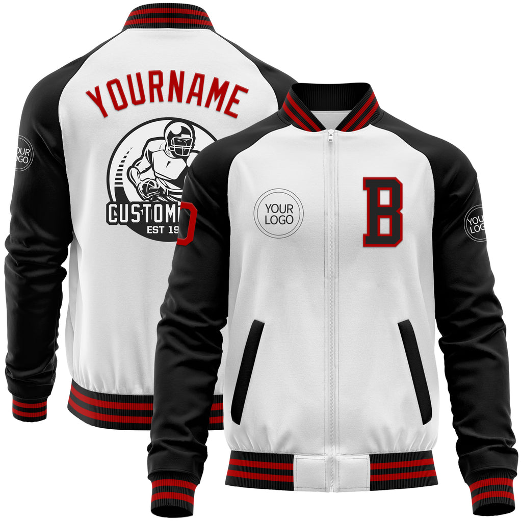 Custom White Red-Black Bomber Varsity Letterman Two Tone Zipper Jacket