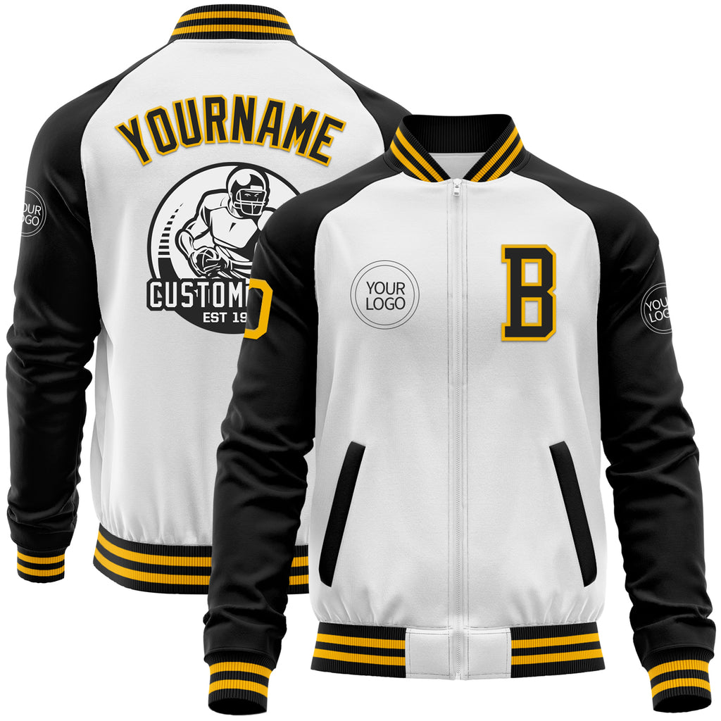 Custom White Gold-Black Bomber Varsity Letterman Two Tone Zipper Jacket