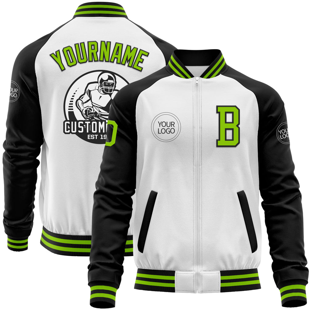 Custom White Neon Green-Black Bomber Varsity Letterman Two Tone Zipper Jacket