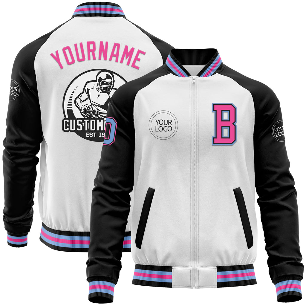 Custom White Light Blue Black-Pink Bomber Varsity Letterman Two Tone Zipper Jacket