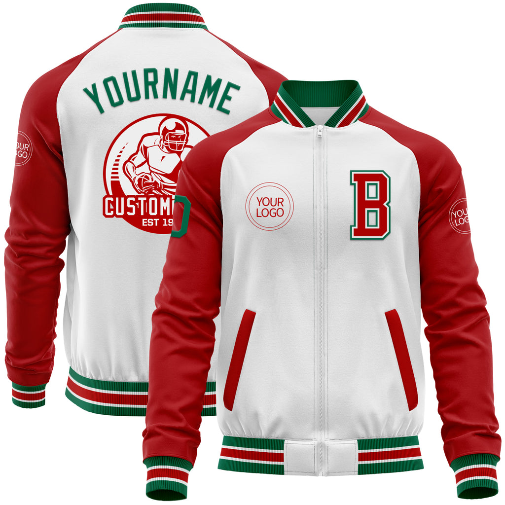 Custom White Kelly Green-Red Bomber Varsity Letterman Two Tone Zipper Jacket