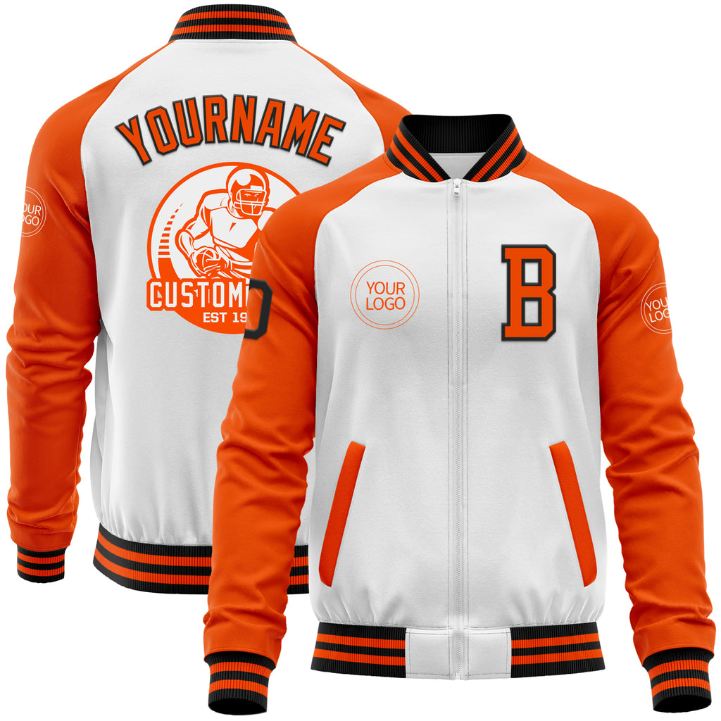 Custom White Black-Orange Bomber Varsity Letterman Two Tone Zipper Jacket