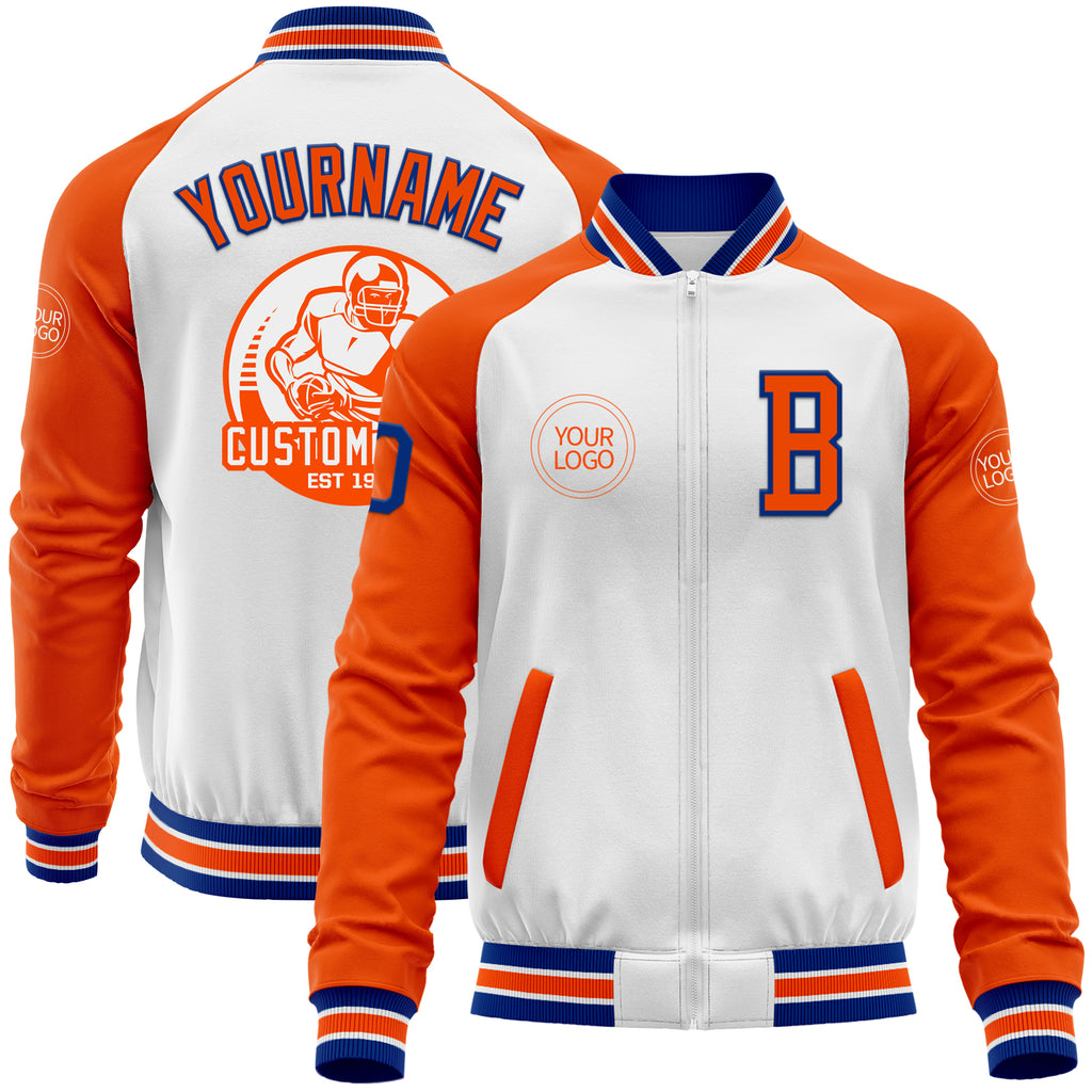 Custom White Royal-Orange Bomber Varsity Letterman Two Tone Zipper Jacket