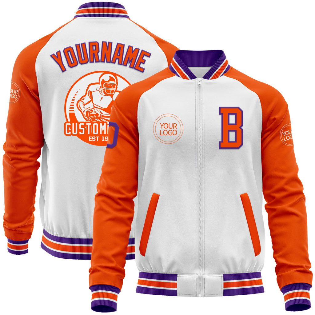 Custom White Purple-Orange Bomber Varsity Letterman Two Tone Zipper Jacket