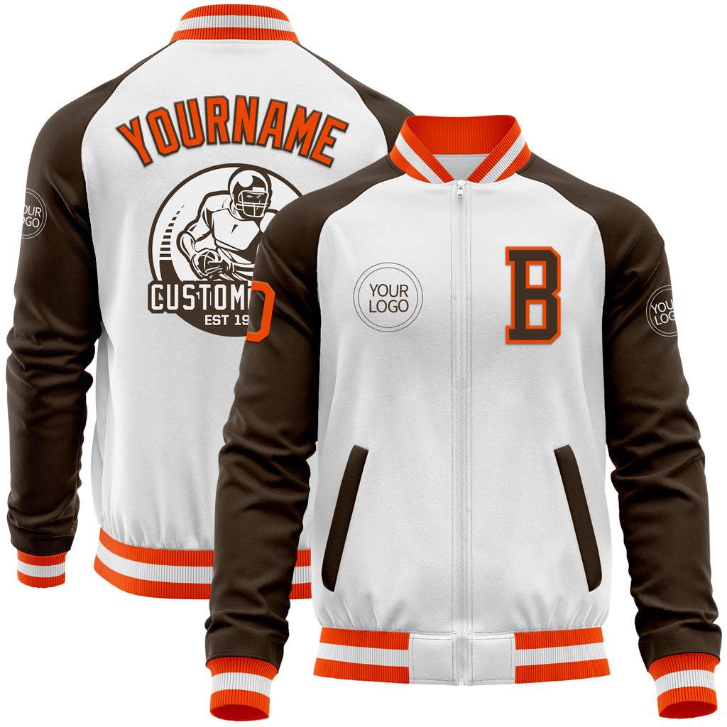 Custom White Orange-Brown Bomber Varsity Letterman Two Tone Zipper Jacket