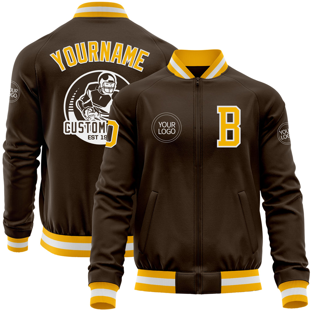 Custom Brown Gold-White Bomber Varsity Letterman Zipper Jacket