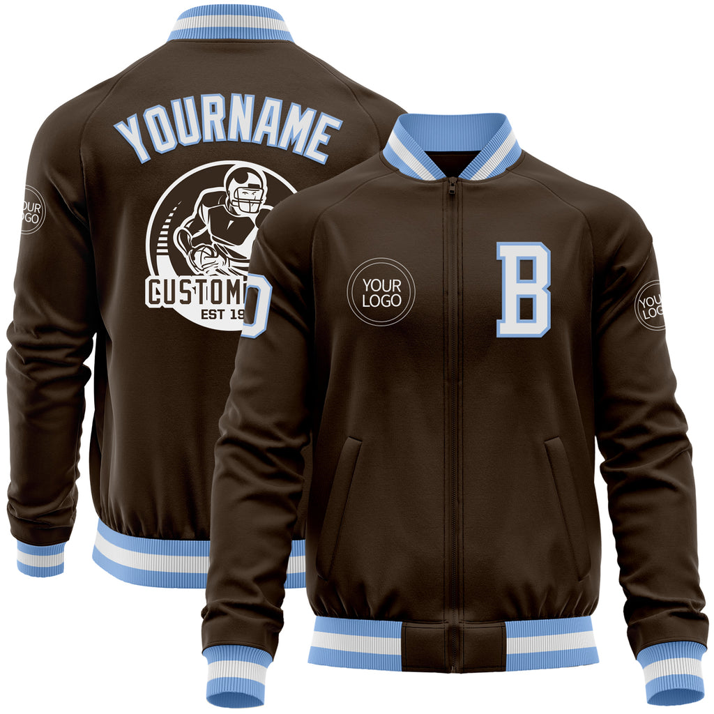 Custom Brown White-Light Blue Bomber Varsity Letterman Zipper Jacket