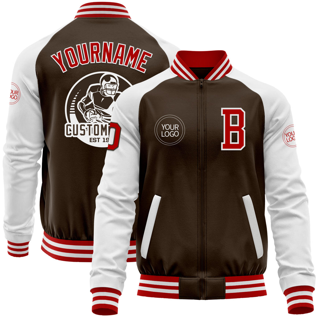 Custom Brown Red-White Bomber Varsity Letterman Two Tone Zipper Jacket