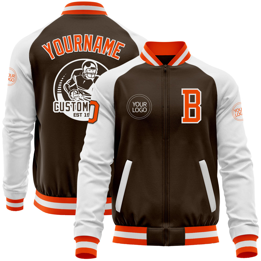 Custom Brown Orange-White Bomber Varsity Letterman Two Tone Zipper Jacket