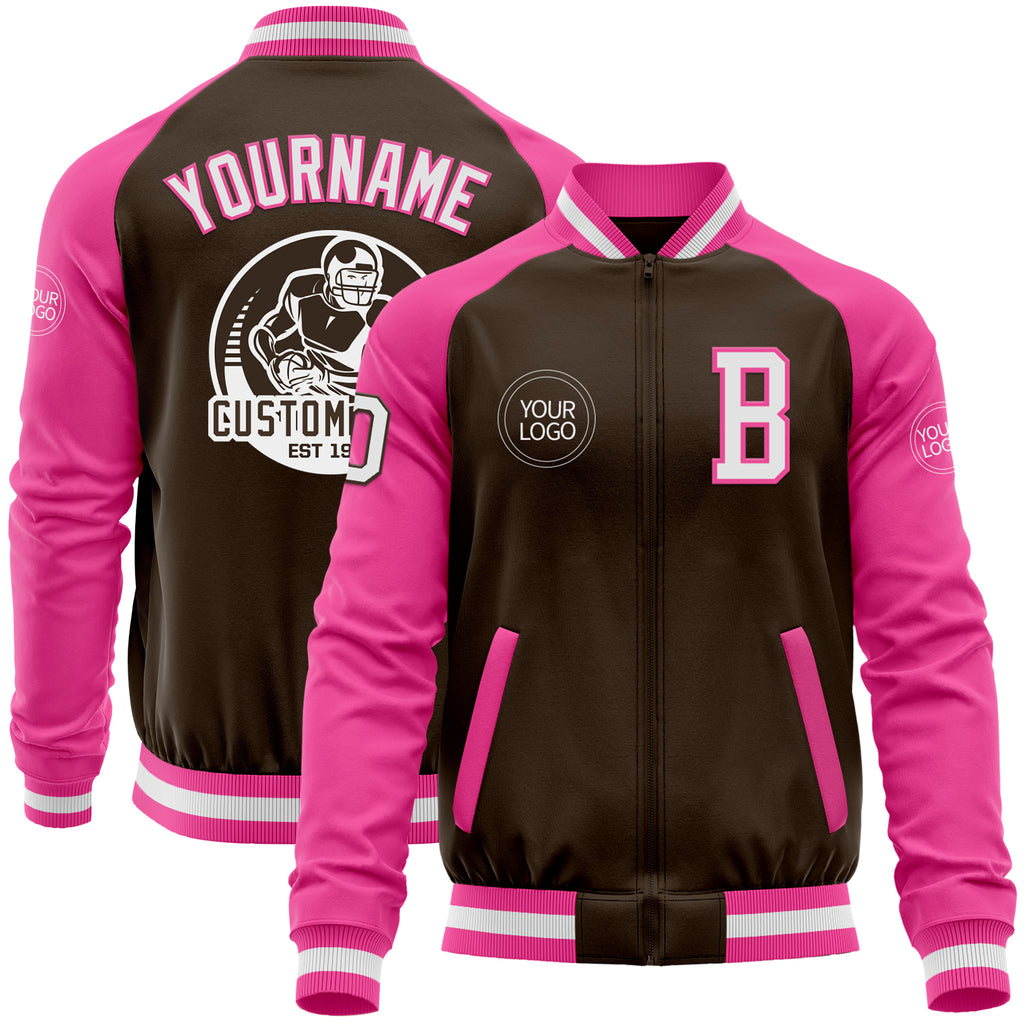 Custom Brown White-Pink Bomber Varsity Letterman Two Tone Zipper Jacket