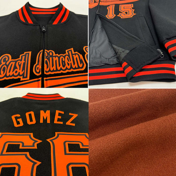 Custom Texas Orange Black-White Bomber Varsity Letterman Zipper Jacket