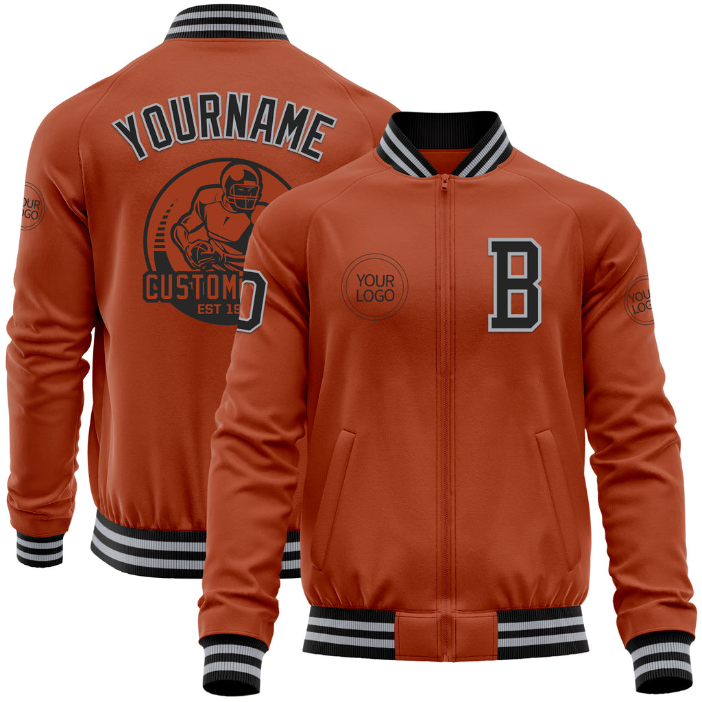 Custom Texas Orange Black-Gray Bomber Varsity Letterman Zipper Jacket