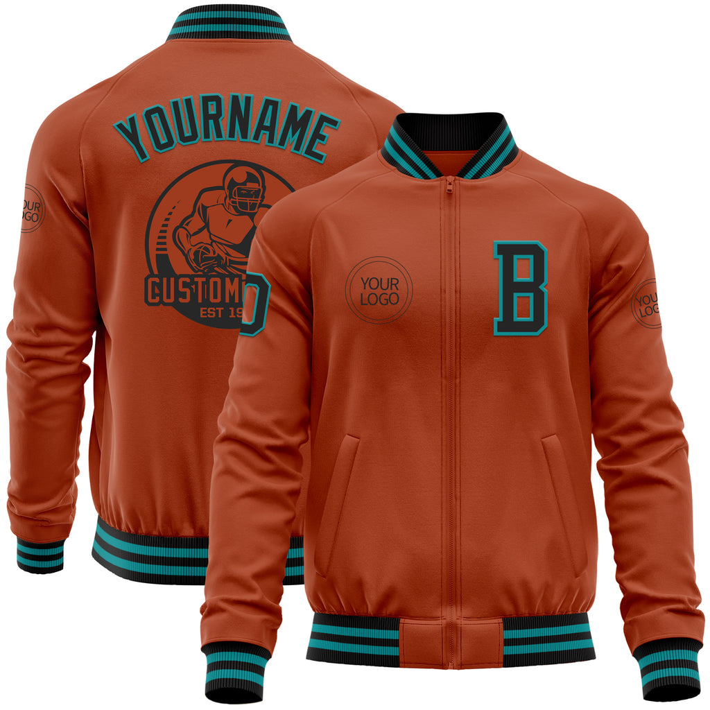 Custom Texas Orange Black-Teal Bomber Varsity Letterman Zipper Jacket