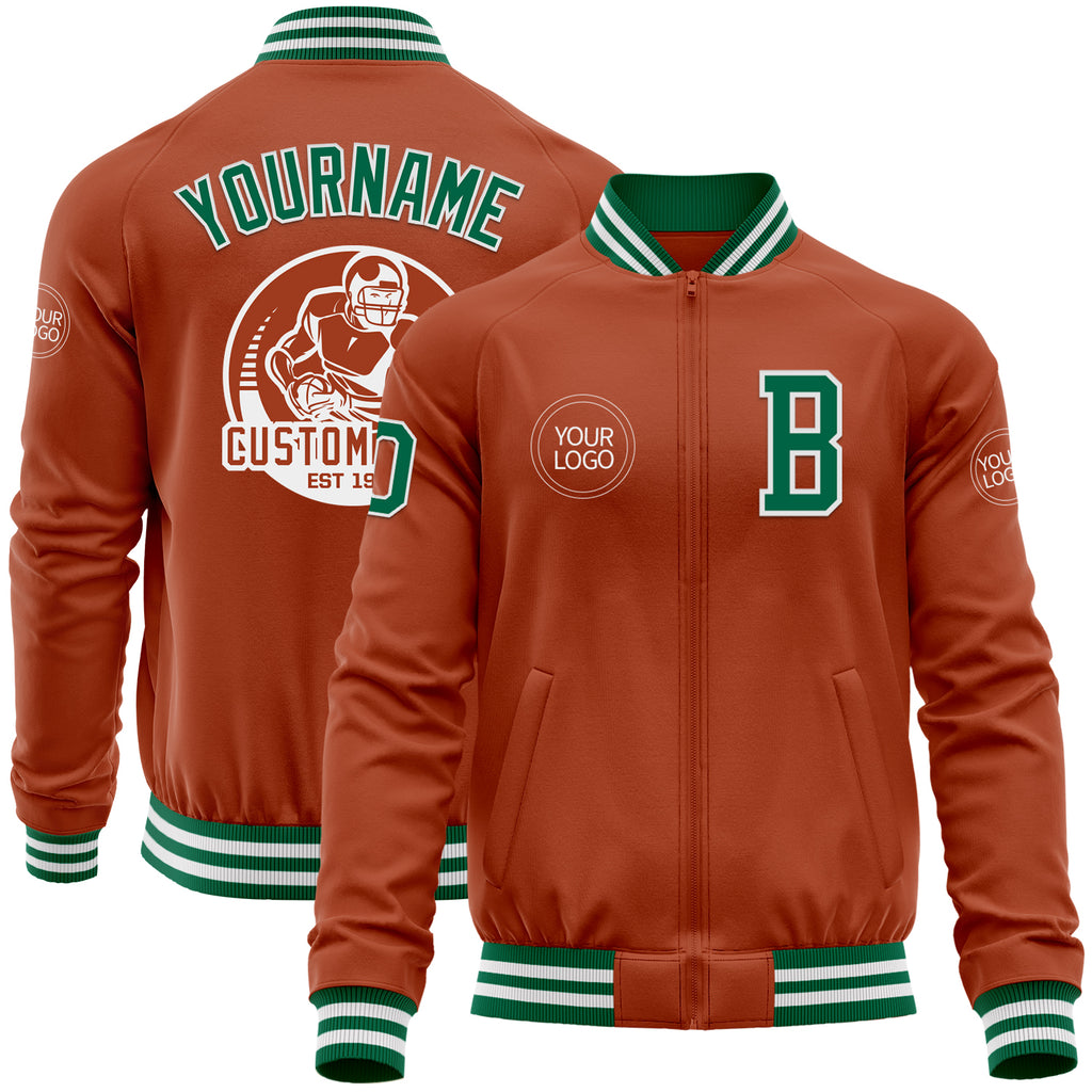 Custom Texas Orange Kelly Green-White Bomber Varsity Letterman Zipper Jacket