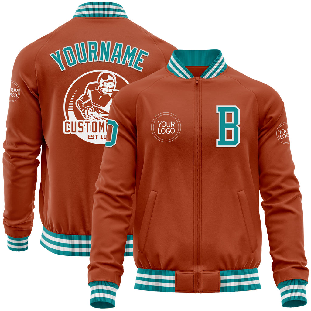 Custom Texas Orange Teal-White Bomber Varsity Letterman Zipper Jacket