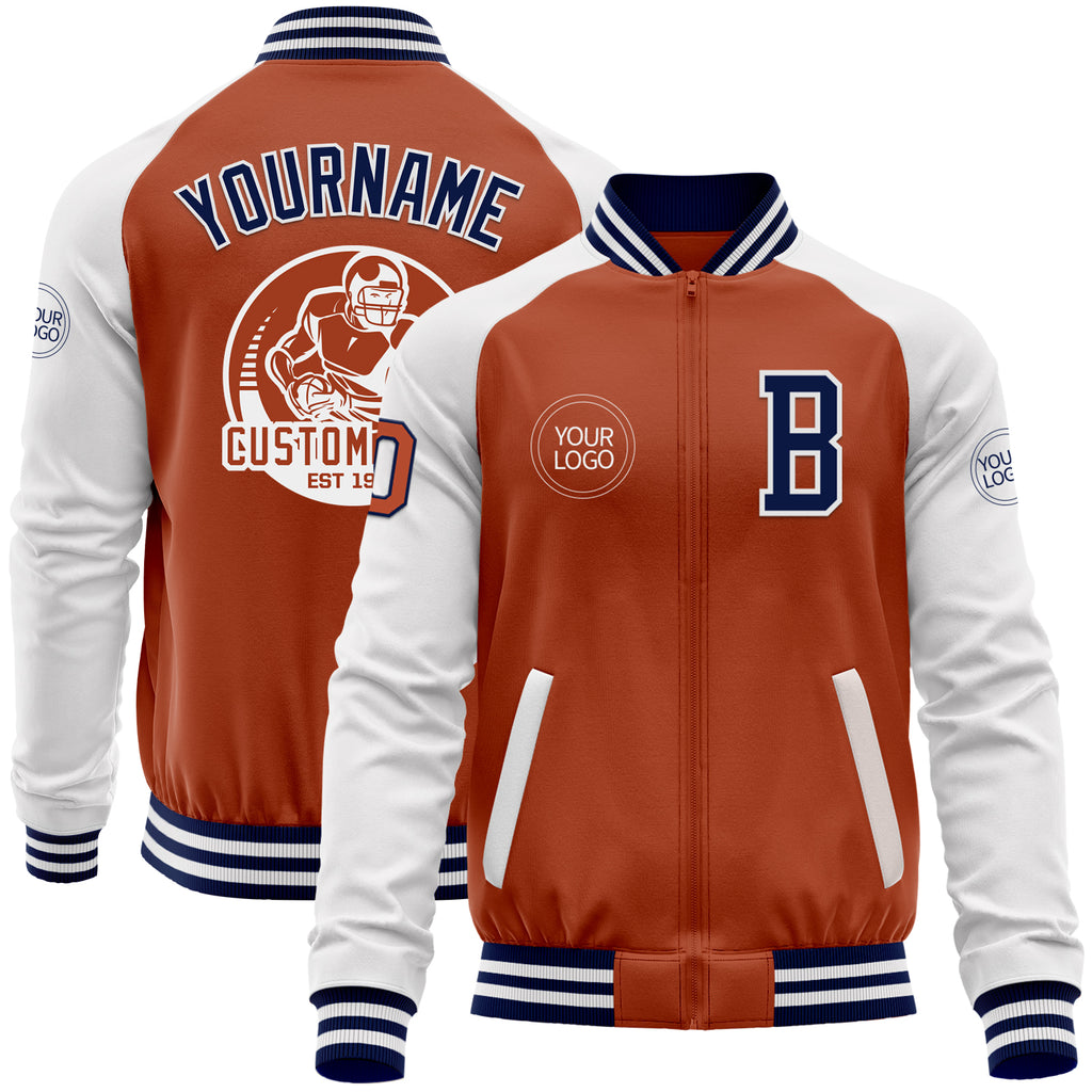 Custom Texas Orange Navy-White Bomber Varsity Letterman Two Tone Zipper Jacket