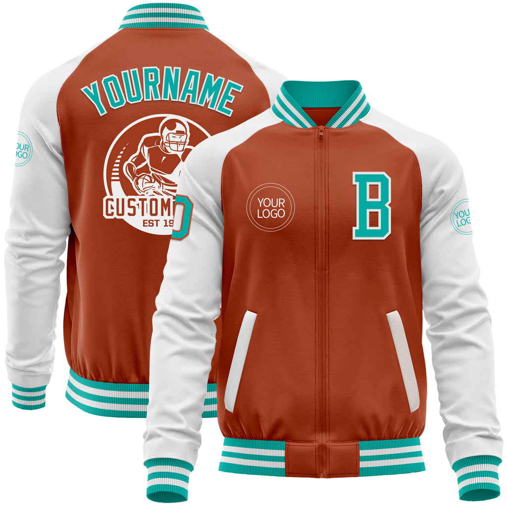 Custom Texas Orange Aqua-White Bomber Varsity Letterman Two Tone Zipper Jacket