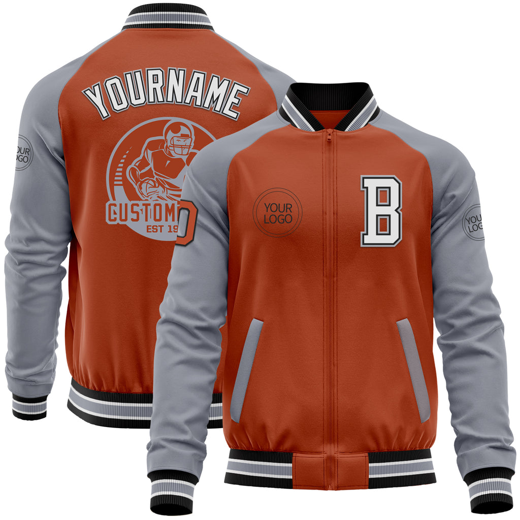 Custom Texas Orange Black-Gray Bomber Varsity Letterman Two Tone Zipper Jacket