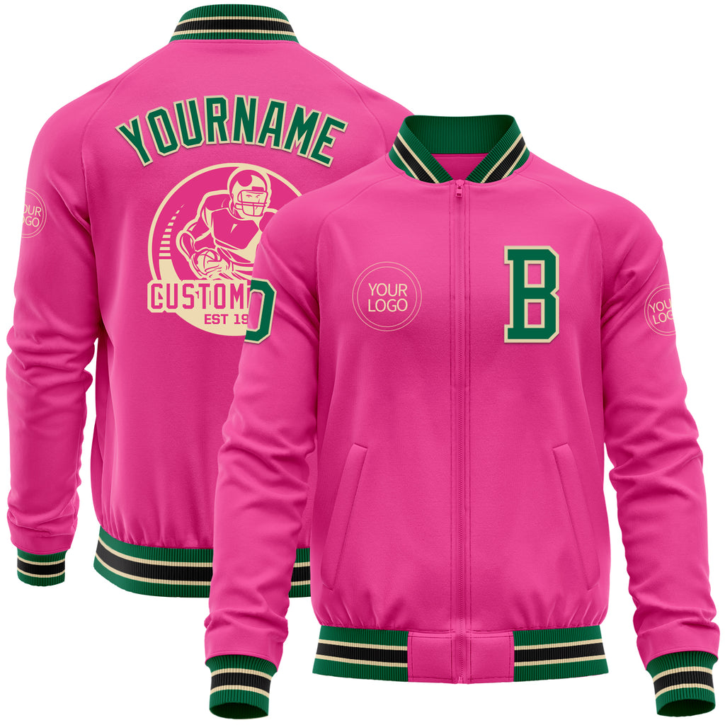 Custom Pink Kelly Green Cream-Black Bomber Varsity Letterman Zipper Jacket