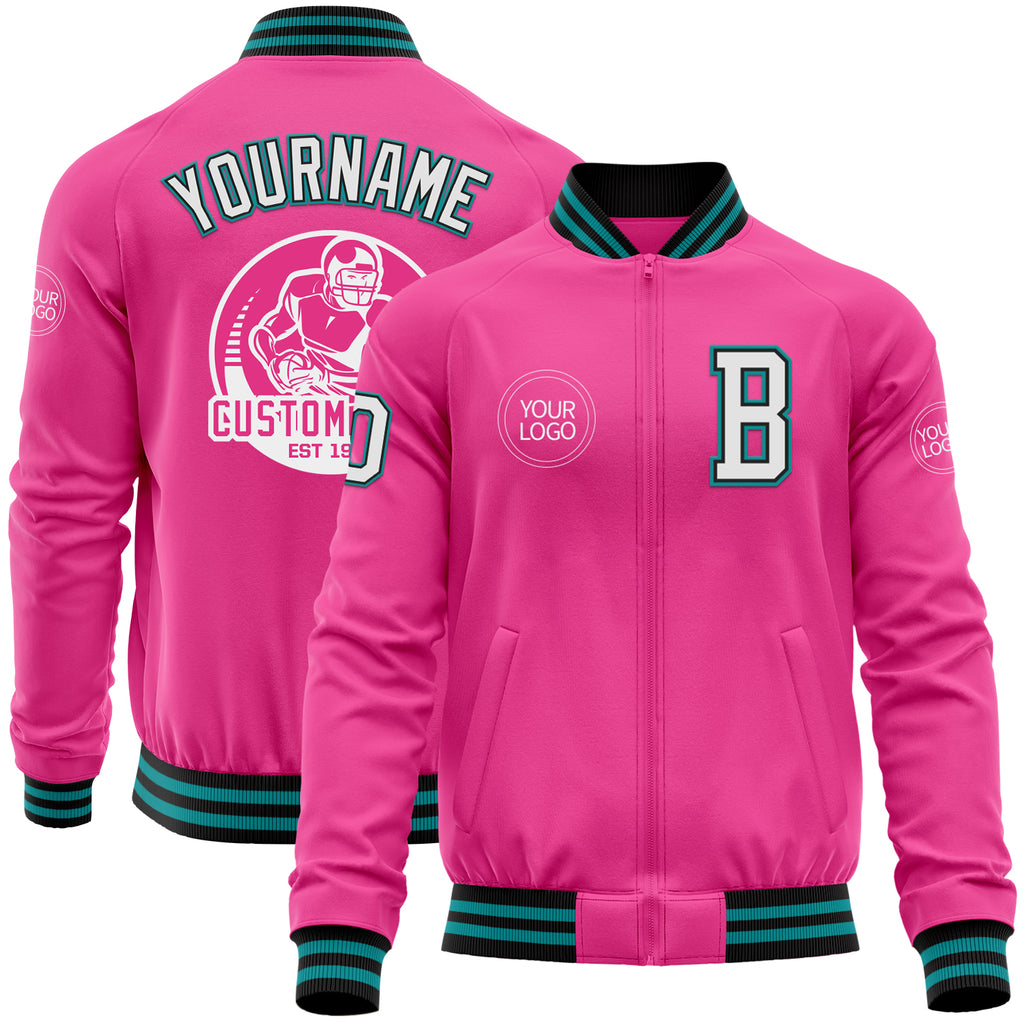 Custom Pink Black-Teal Bomber Varsity Letterman Zipper Jacket