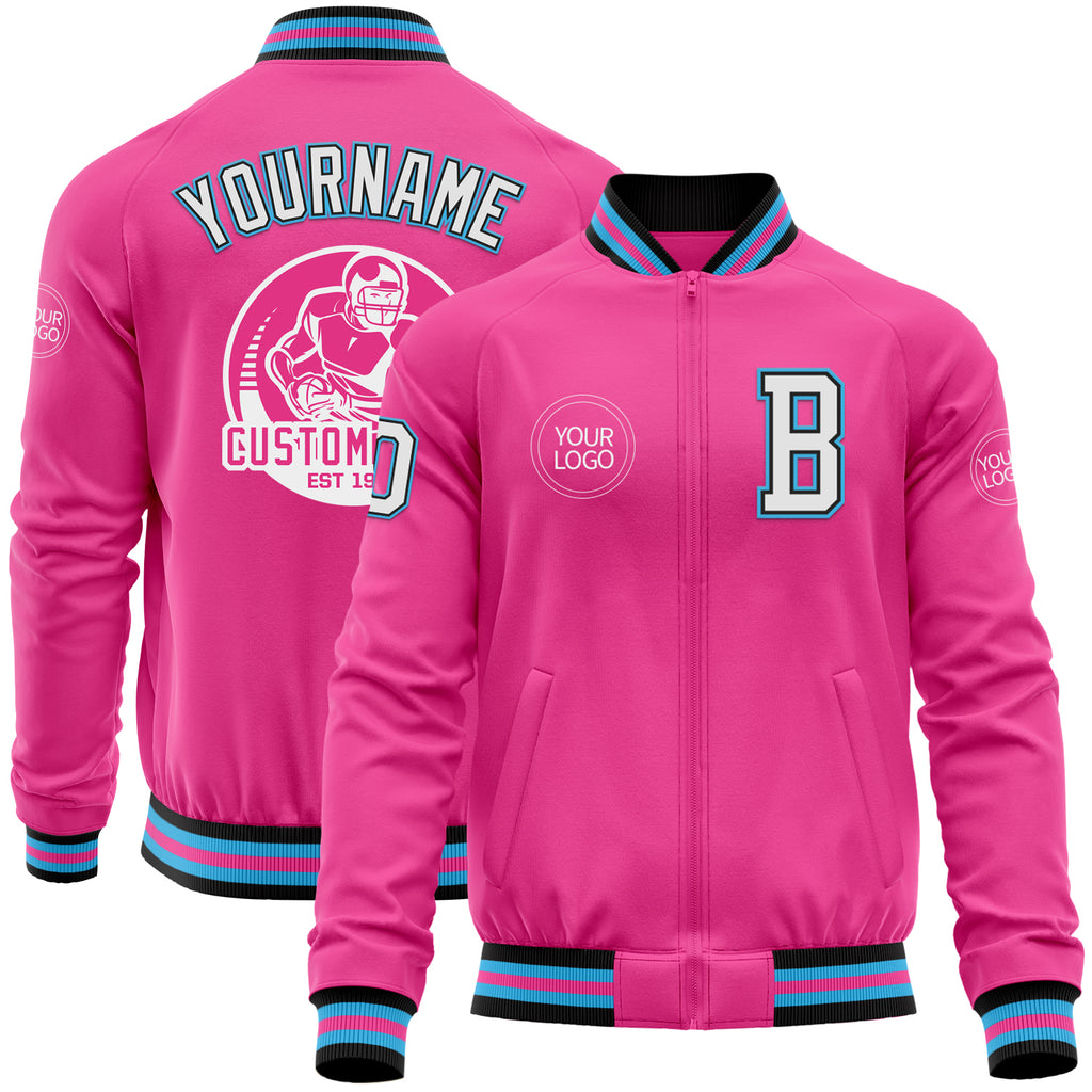 Custom Pink Black-Sky Blue Bomber Varsity Letterman Zipper Jacket