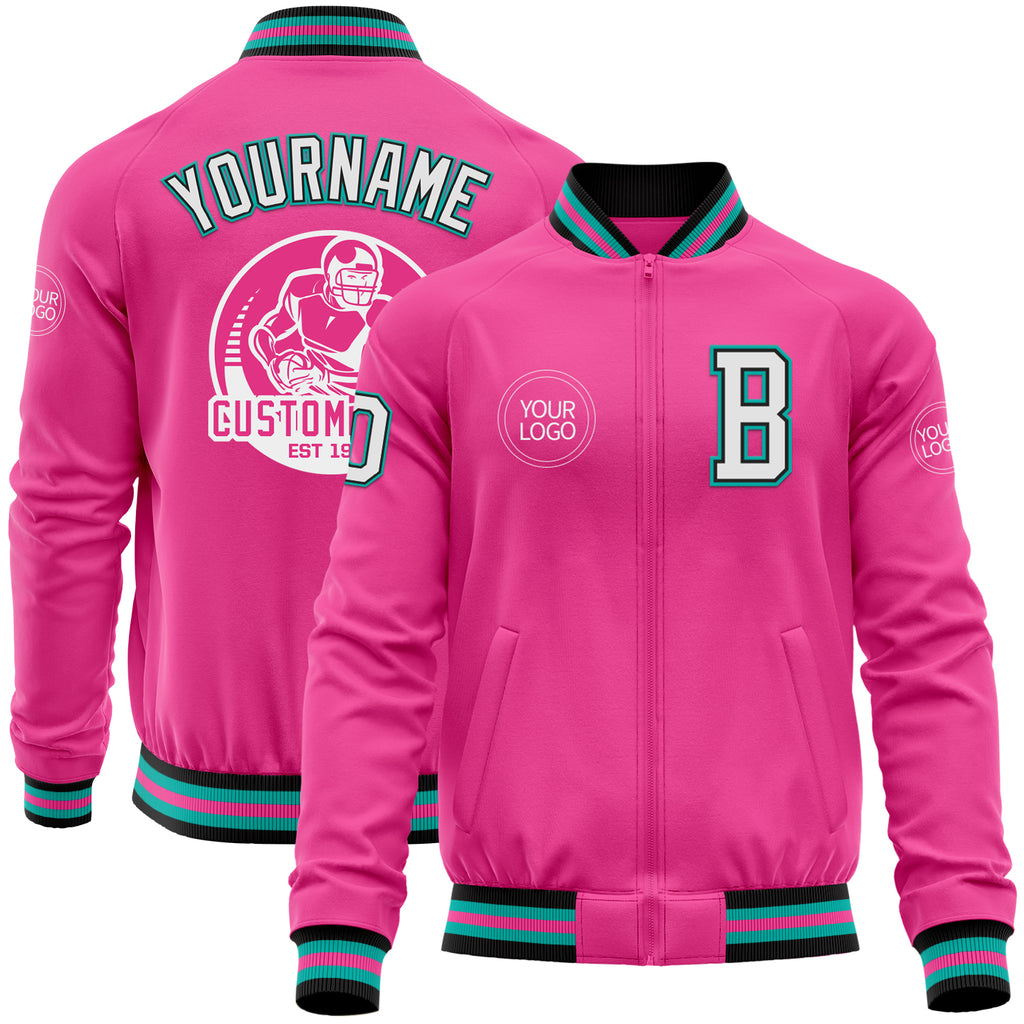 Custom Pink Black-Aqua Bomber Varsity Letterman Zipper Jacket