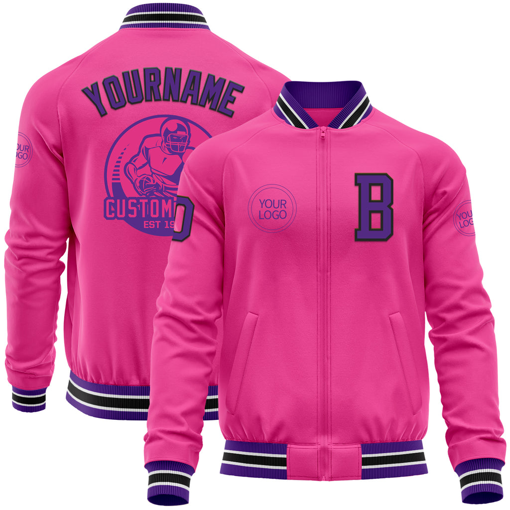 Custom Pink Purple-Black Bomber Varsity Letterman Zipper Jacket