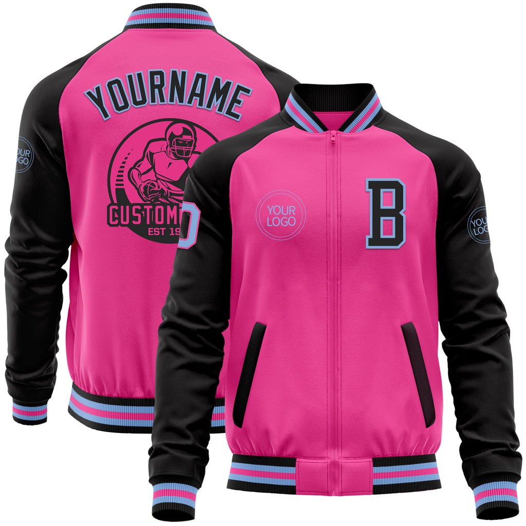 Custom Pink Light Blue-Black Bomber Varsity Letterman Two Tone Zipper Jacket