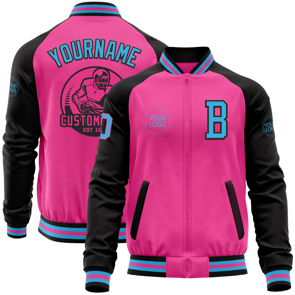 Custom Pink Sky Blue-Black Bomber Varsity Letterman Two Tone Zipper Jacket