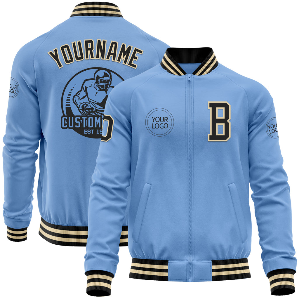 Custom Light Blue Black-Cream Bomber Varsity Letterman Zipper Jacket