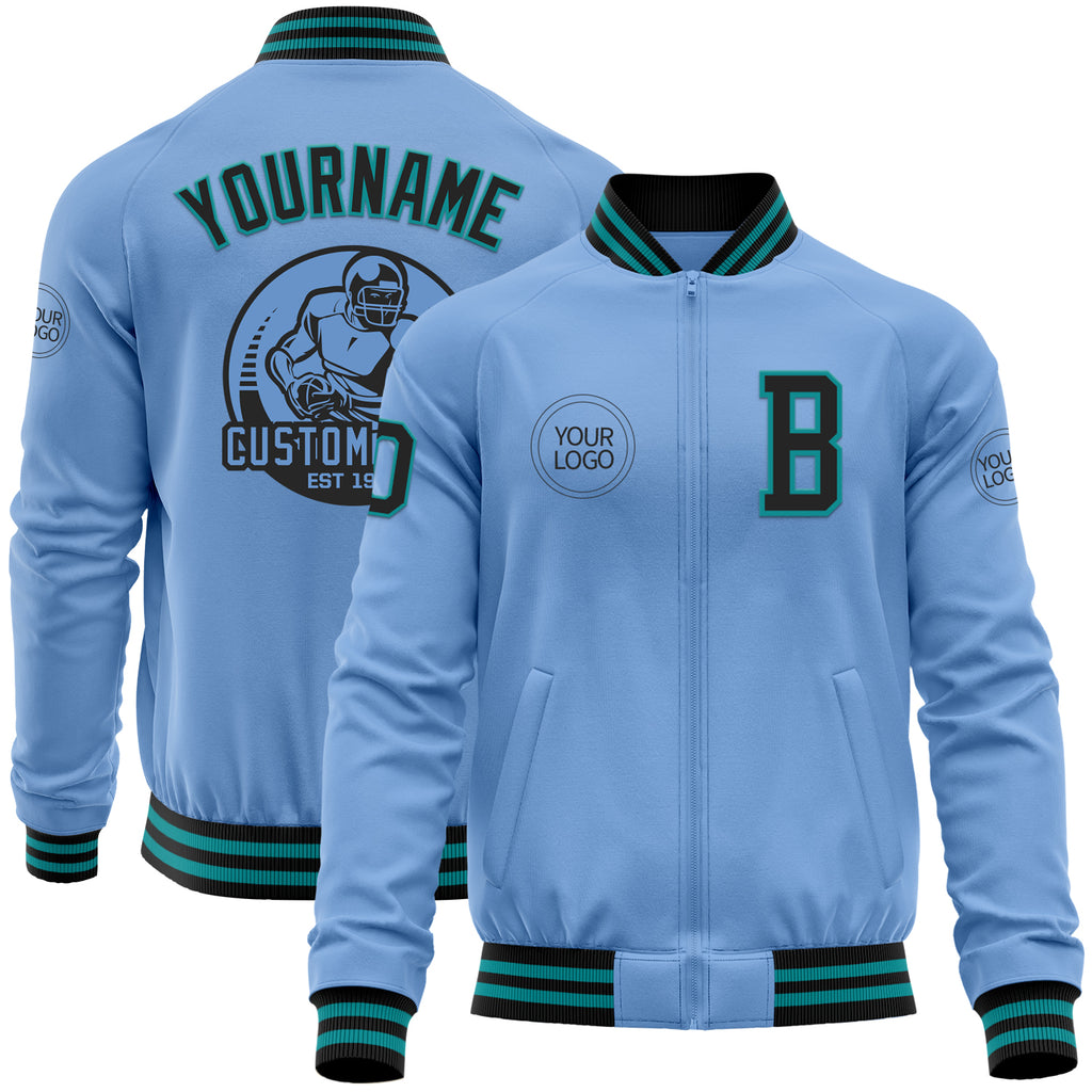 Custom Light Blue Black-Teal Bomber Varsity Letterman Zipper Jacket