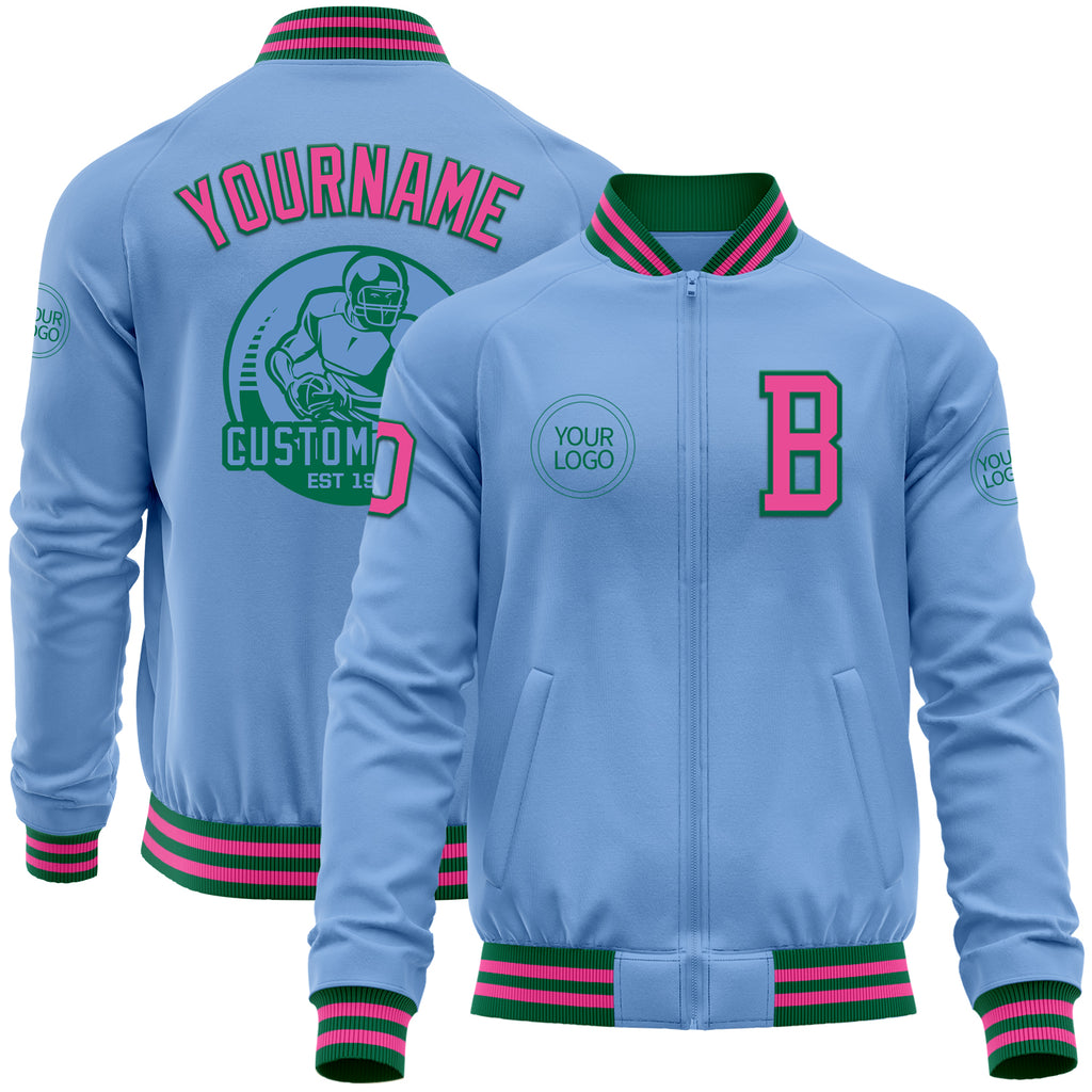 Custom Light Blue Pink-Kelly Green Bomber Varsity Letterman Zipper Jacket