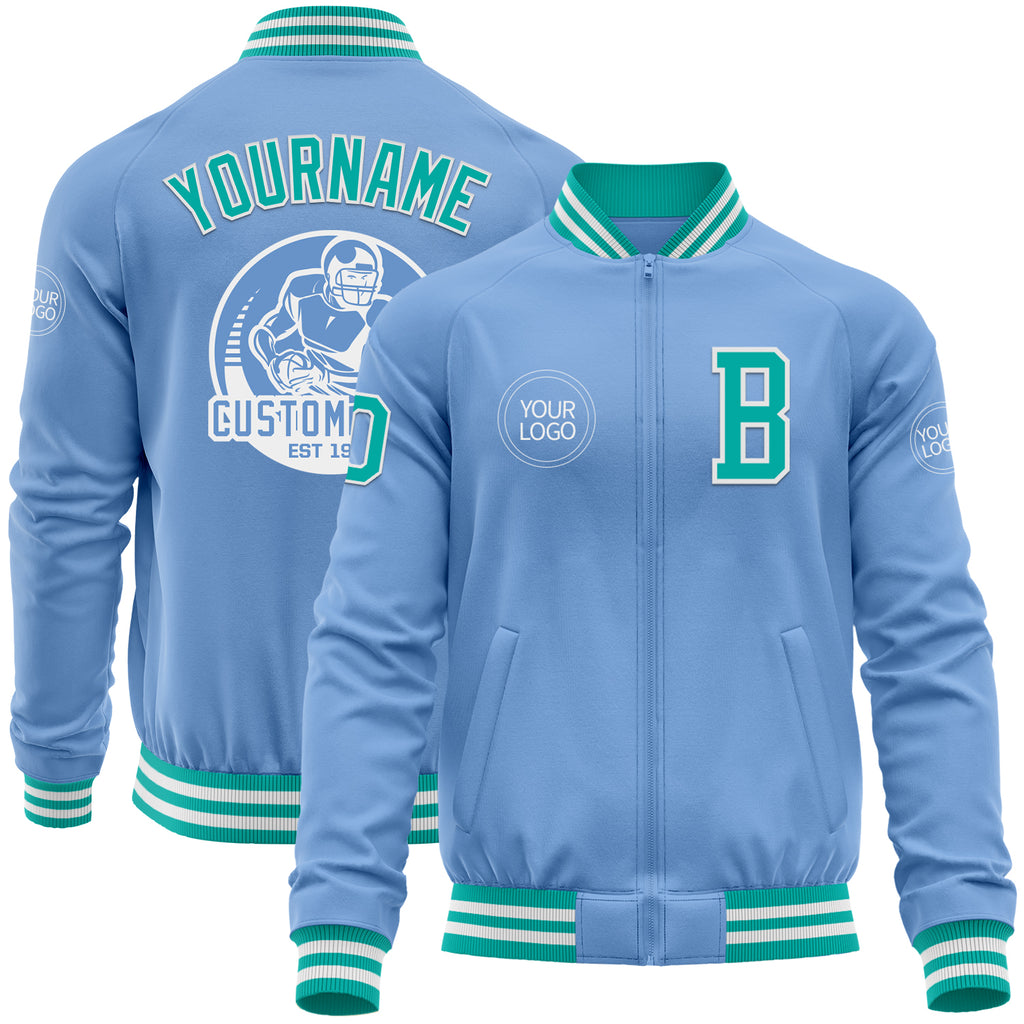 Custom Light Blue Aqua-White Bomber Varsity Letterman Zipper Jacket